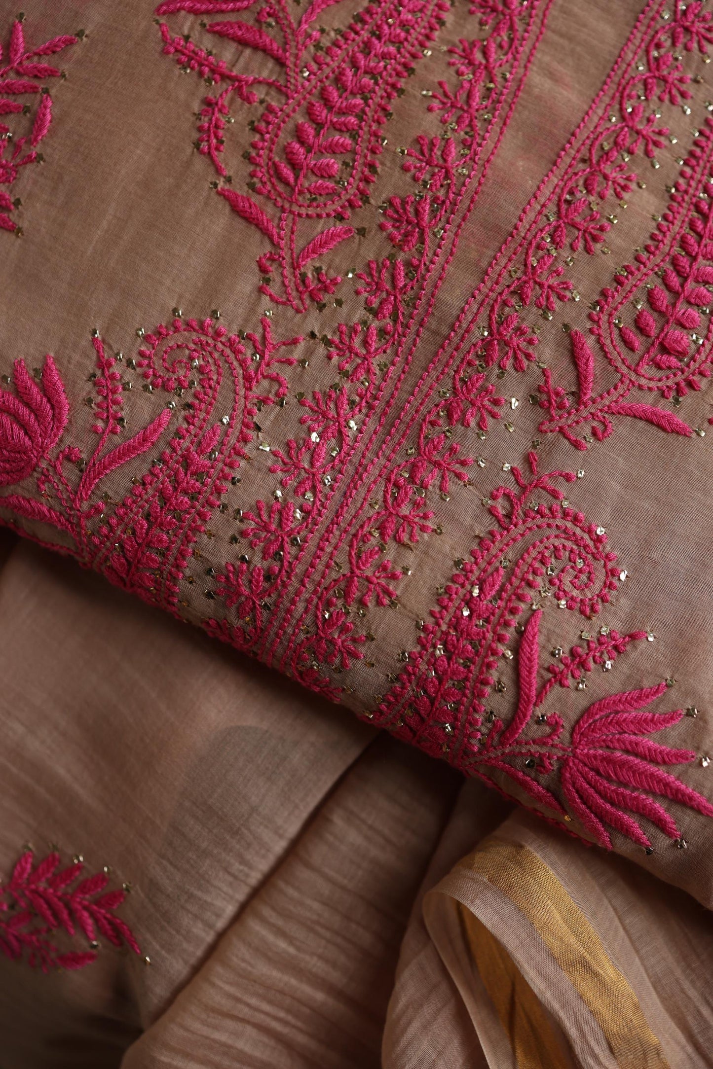 Beige & Pink Shade Mal Cotton Chikankari Unstitched Kurta Dupatta Fabric With Kamdani