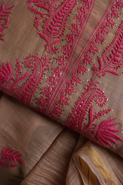 Beige & Pink Shade Mal Cotton Chikankari Unstitched Kurta Dupatta Fabric With Kamdani