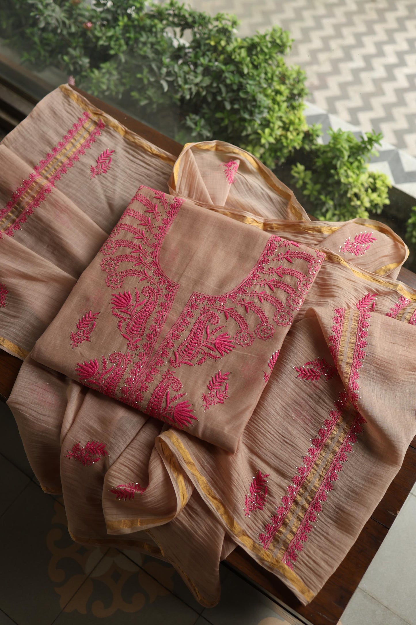Beige & Pink Shade Mal Cotton Chikankari Unstitched Kurta Dupatta Fabric With Kamdani