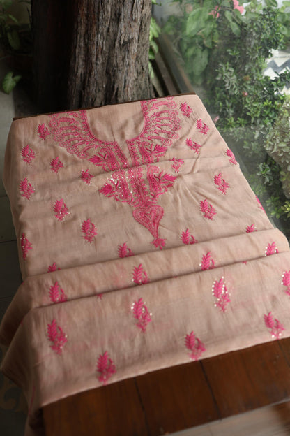 Beige & Pink Shade Mal Cotton Chikankari Unstitched Kurta Dupatta Fabric With Kamdani