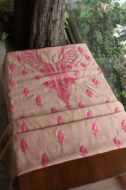 Beige & Pink Shade Mal Cotton Chikankari Unstitched Kurta Dupatta Fabric With Kamdani