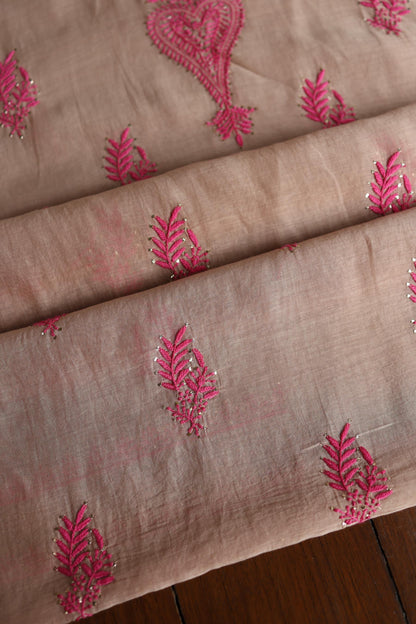 Beige & Pink Shade Mal Cotton Chikankari Unstitched Kurta Dupatta Fabric With Kamdani