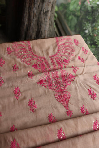 Beige & Pink Shade Mal Cotton Chikankari Unstitched Kurta Dupatta Fabric With Kamdani