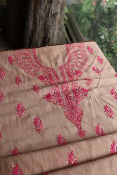 Beige & Pink Shade Mal Cotton Chikankari Unstitched Kurta Dupatta Fabric With Kamdani