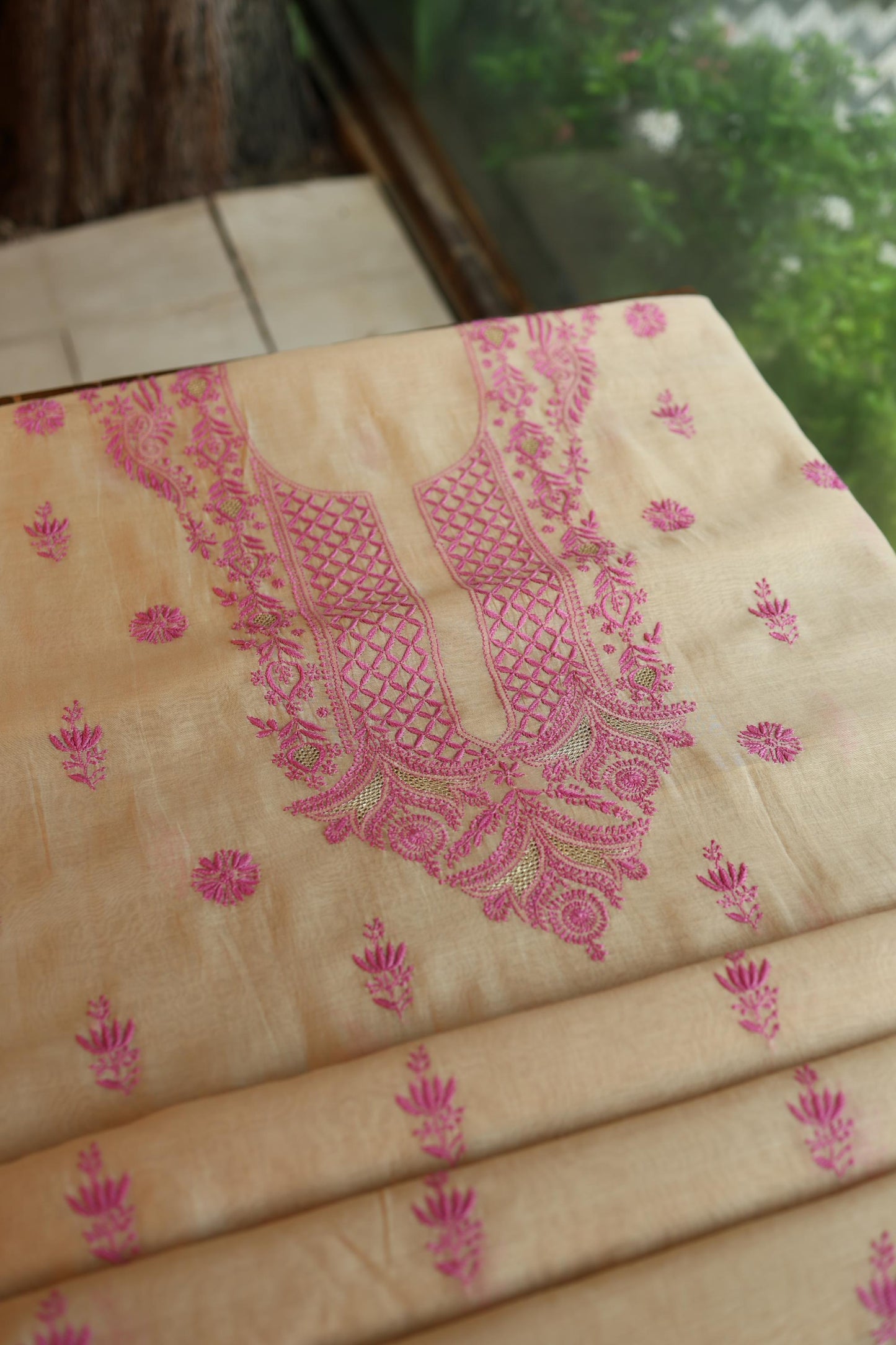 Beige & Pink Shade Mal Cotton Chikankari Unstitched Kurta Dupatta Fabric With Mukaish Kamdani