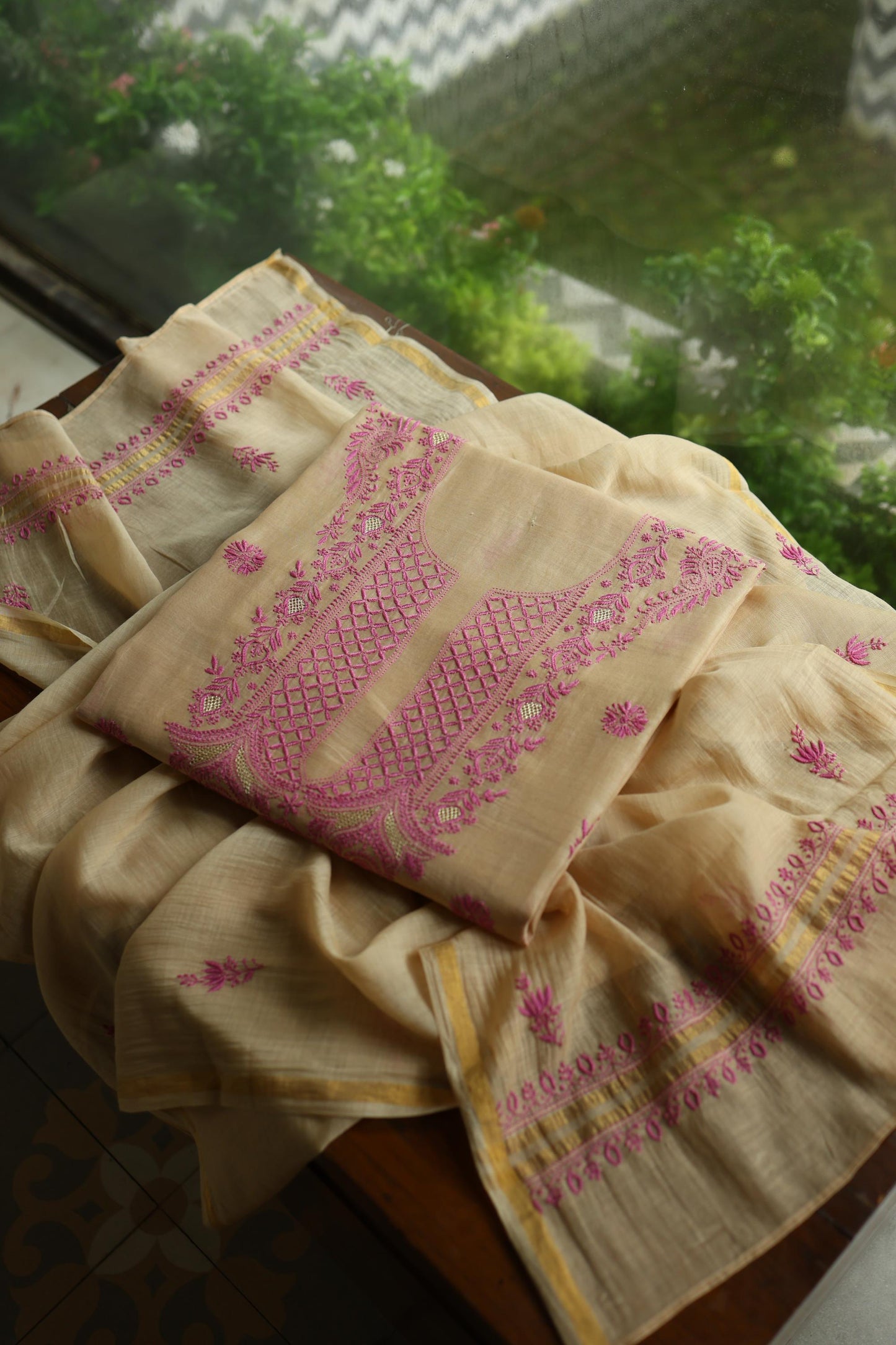 Beige & Pink Shade Mal Cotton Chikankari Unstitched Kurta Dupatta Fabric With Mukaish Kamdani