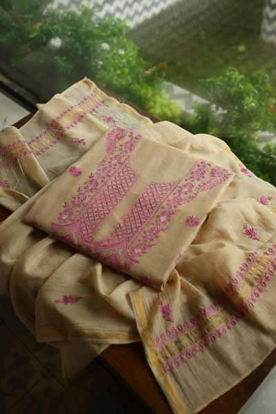 Beige & Pink Shade Mal Cotton Chikankari Unstitched Kurta Dupatta Fabric With Mukaish Kamdani