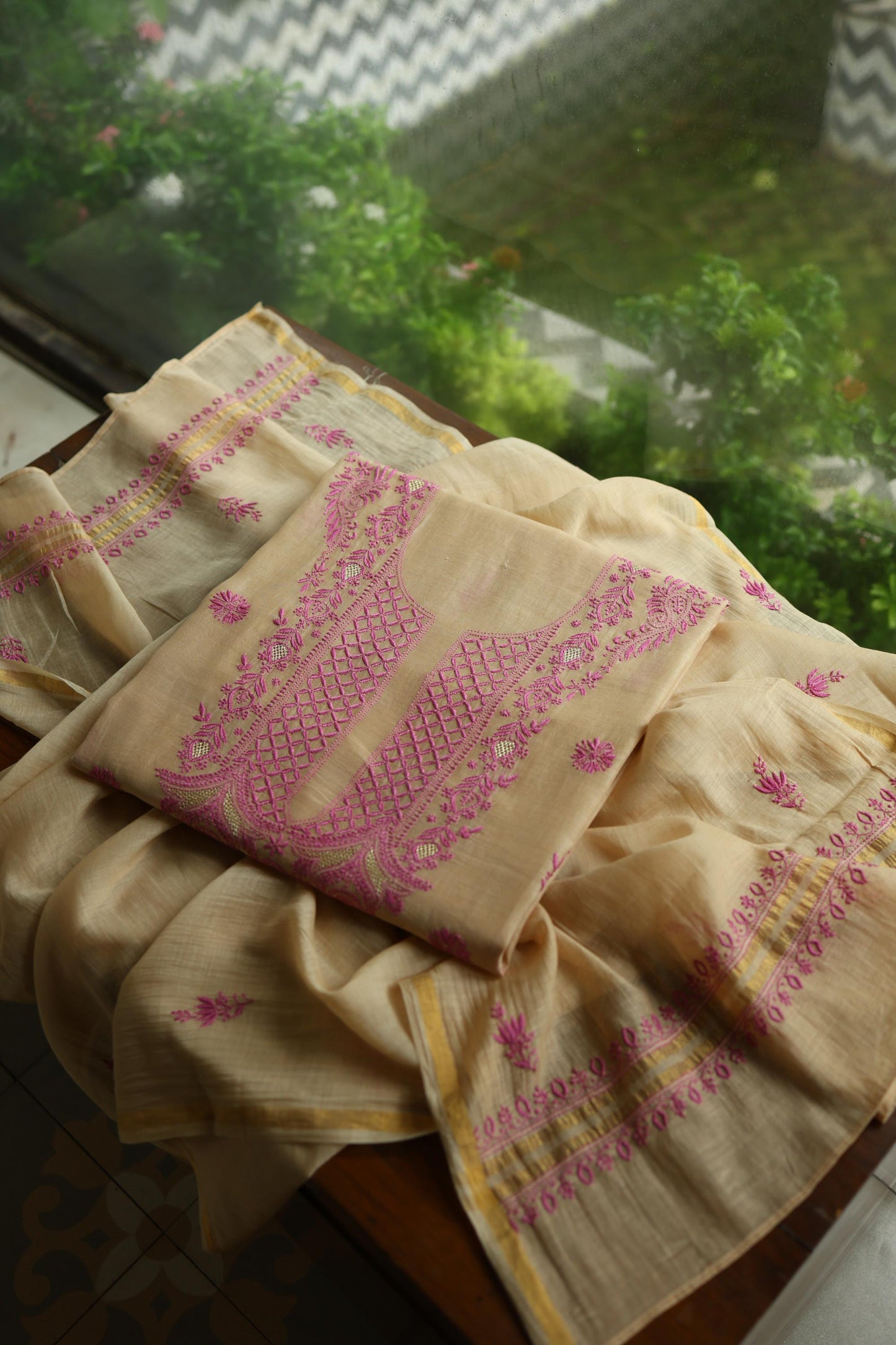 Beige & Pink Shade Mal Cotton Chikankari Unstitched Kurta Dupatta Fabric With Mukaish Kamdani