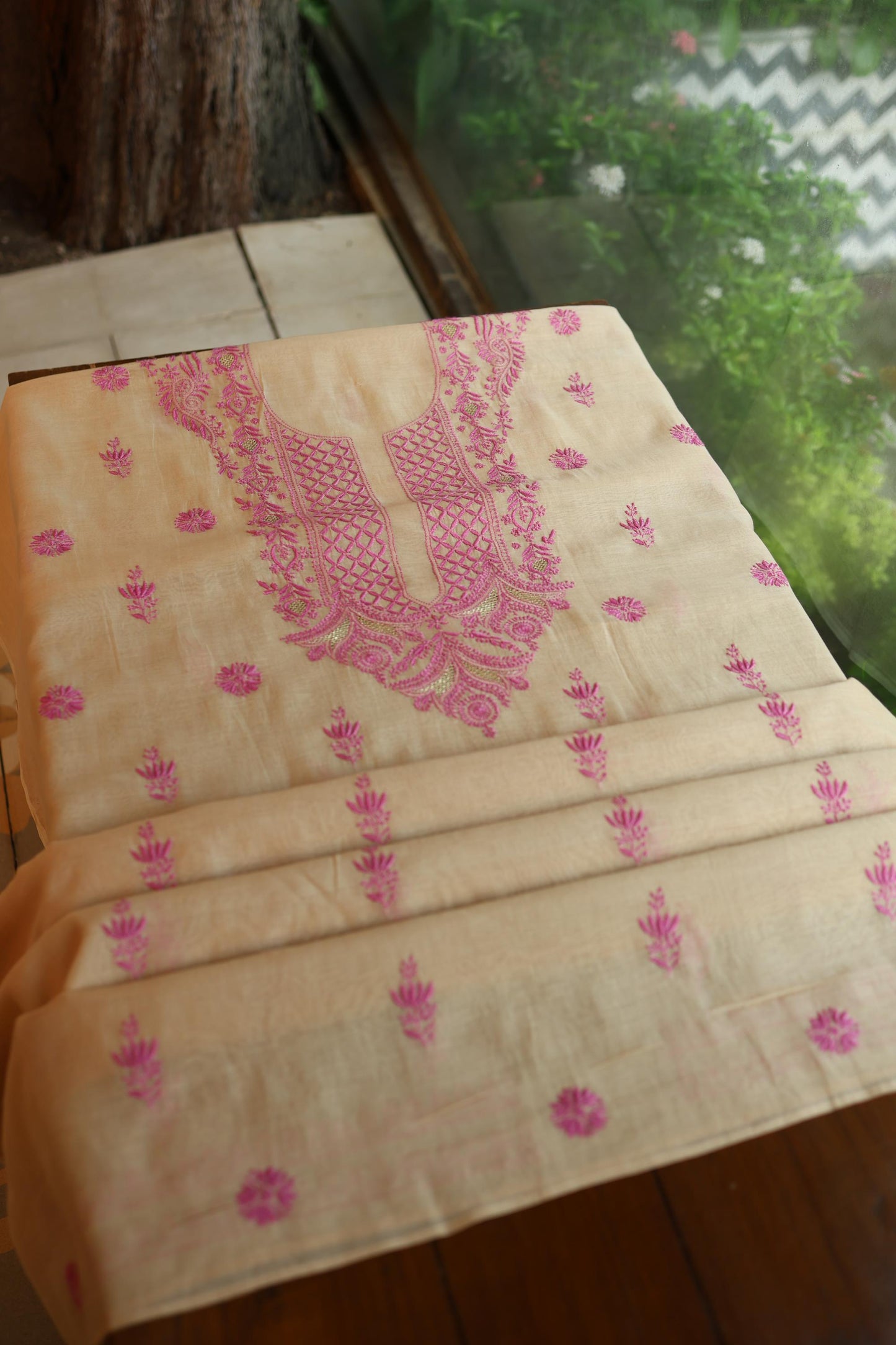 Beige & Pink Shade Mal Cotton Chikankari Unstitched Kurta Dupatta Fabric With Mukaish Kamdani