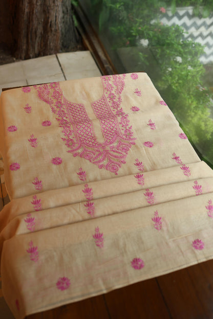 Beige & Pink Shade Mal Cotton Chikankari Unstitched Kurta Dupatta Fabric With Mukaish Kamdani