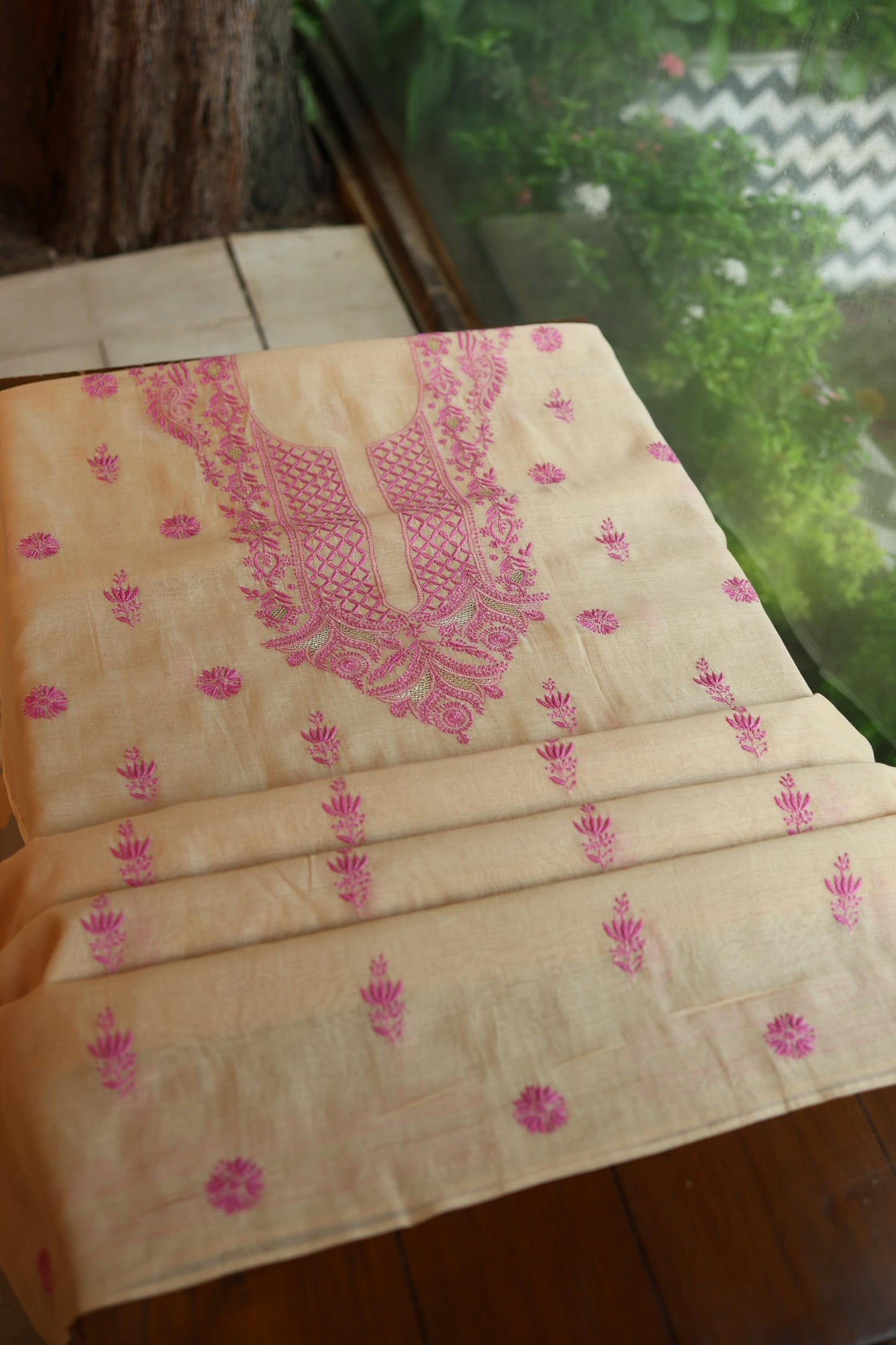 Beige & Pink Shade Mal Cotton Chikankari Unstitched Kurta Dupatta Fabric With Mukaish Kamdani