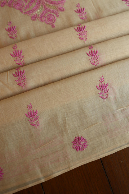 Beige & Pink Shade Mal Cotton Chikankari Unstitched Kurta Dupatta Fabric With Mukaish Kamdani