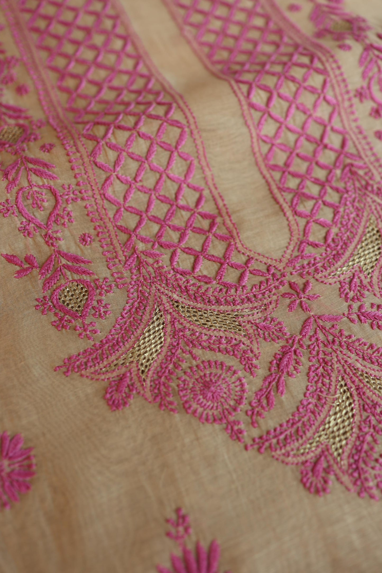 Beige & Pink Shade Mal Cotton Chikankari Unstitched Kurta Dupatta Fabric With Mukaish Kamdani