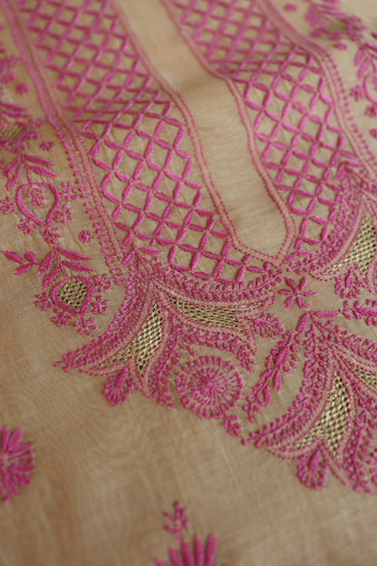Beige & Pink Shade Mal Cotton Chikankari Unstitched Kurta Dupatta Fabric With Mukaish Kamdani