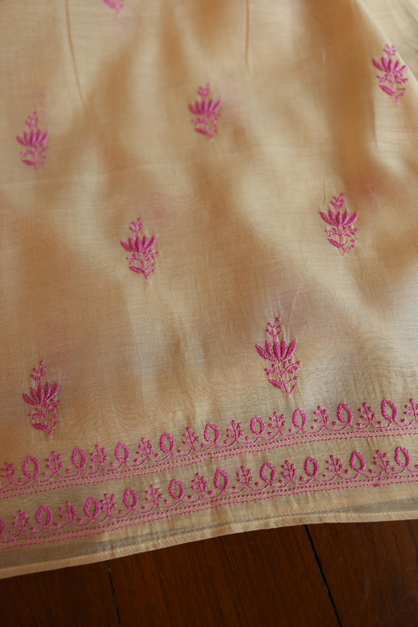Beige & Pink Shade Mal Cotton Chikankari Unstitched Kurta Dupatta Fabric With Mukaish Kamdani