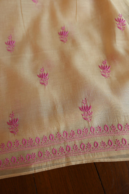 Beige & Pink Shade Mal Cotton Chikankari Unstitched Kurta Dupatta Fabric With Mukaish Kamdani