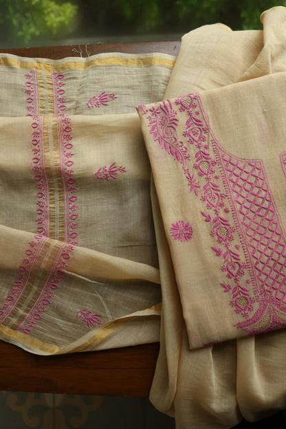 Beige & Pink Shade Mal Cotton Chikankari Unstitched Kurta Dupatta Fabric With Mukaish Kamdani