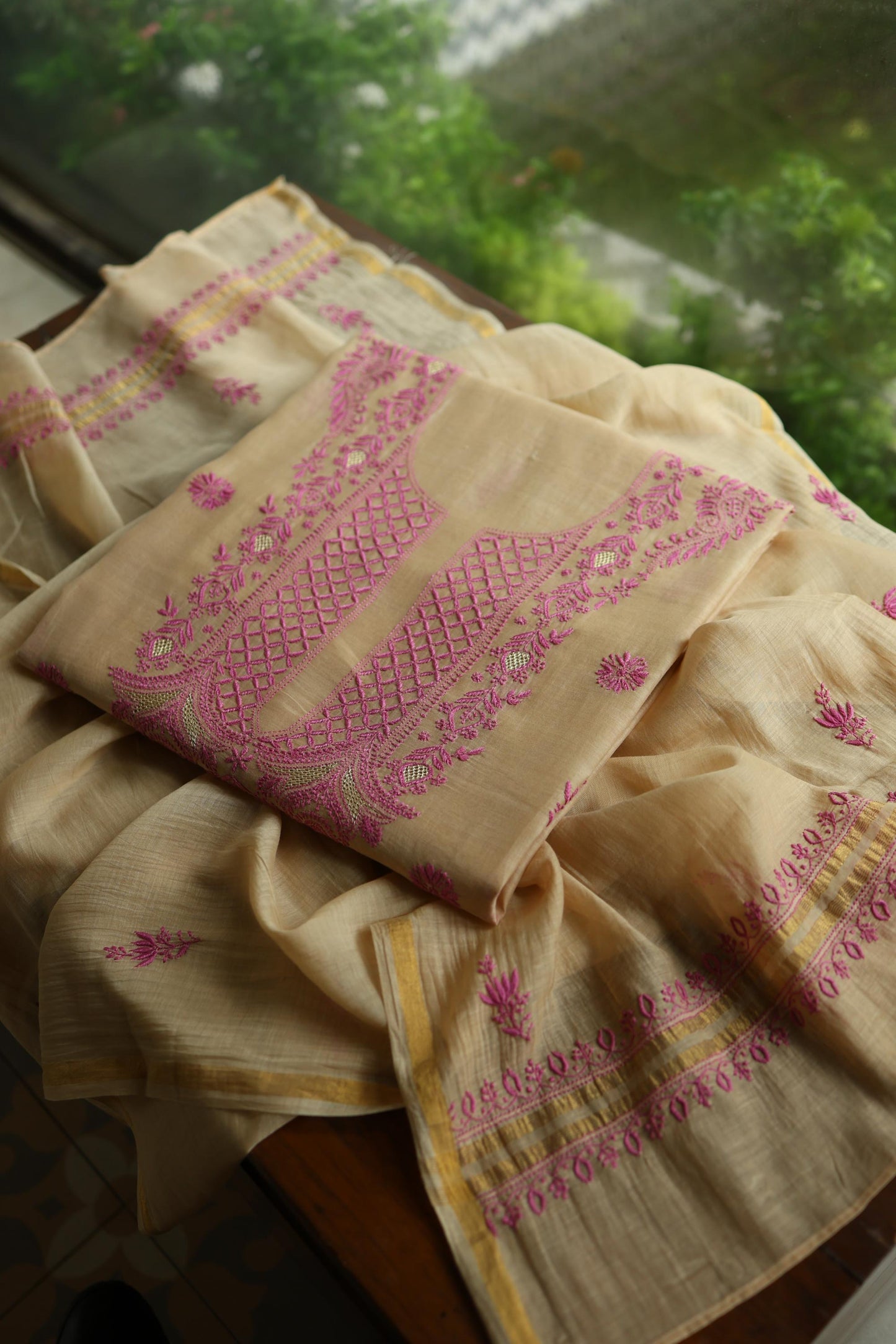 Beige & Pink Shade Mal Cotton Chikankari Unstitched Kurta Dupatta Fabric With Mukaish Kamdani
