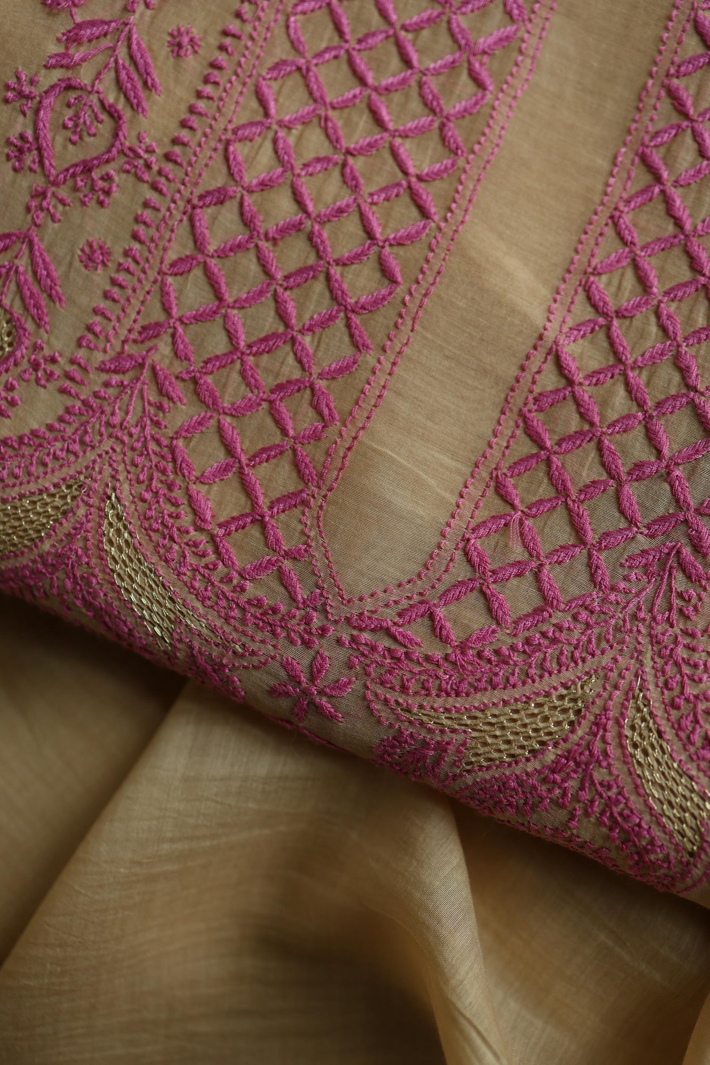 Beige & Pink Shade Mal Cotton Chikankari Unstitched Kurta Dupatta Fabric With Mukaish Kamdani