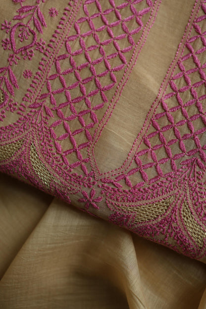 Beige & Pink Shade Mal Cotton Chikankari Unstitched Kurta Dupatta Fabric With Mukaish Kamdani