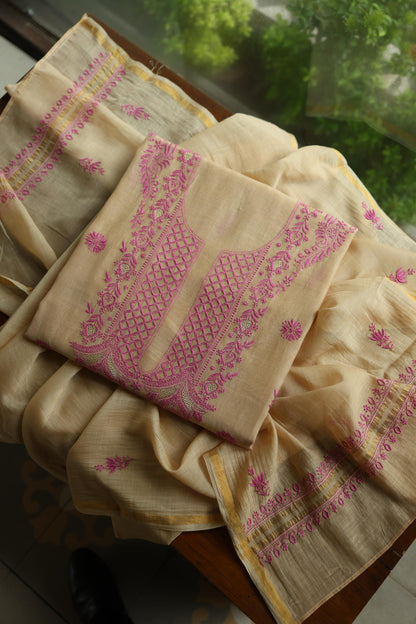 Beige & Pink Shade Mal Cotton Chikankari Unstitched Kurta Dupatta Fabric With Mukaish Kamdani