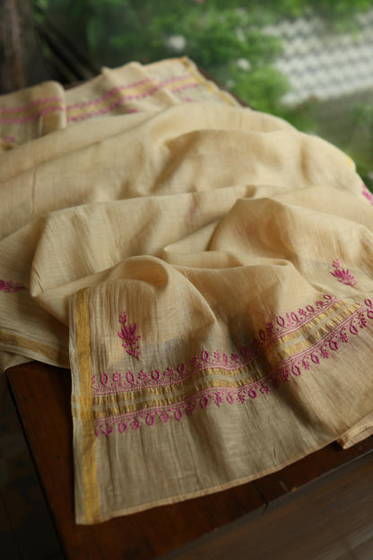 Beige & Pink Shade Mal Cotton Chikankari Unstitched Kurta Dupatta Fabric With Mukaish Kamdani