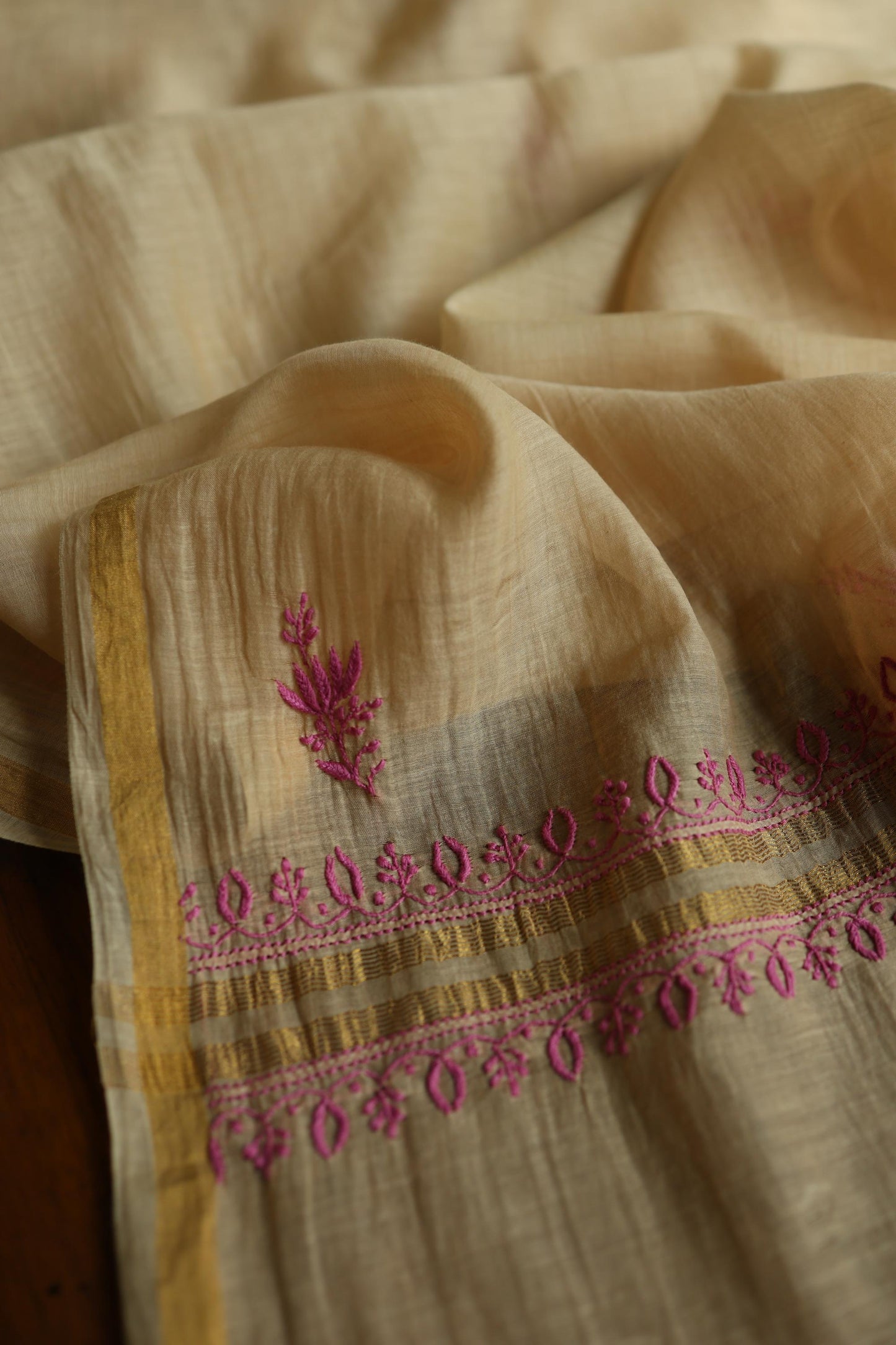Beige & Pink Shade Mal Cotton Chikankari Unstitched Kurta Dupatta Fabric With Mukaish Kamdani