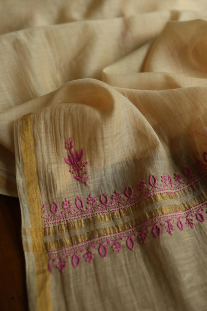 Beige & Pink Shade Mal Cotton Chikankari Unstitched Kurta Dupatta Fabric With Mukaish Kamdani