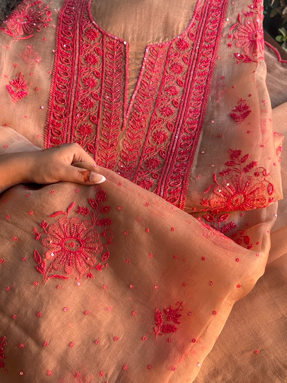 Beige & Red Noor Organza Silk Chikankari Unstitched Kurta Dupatta Set