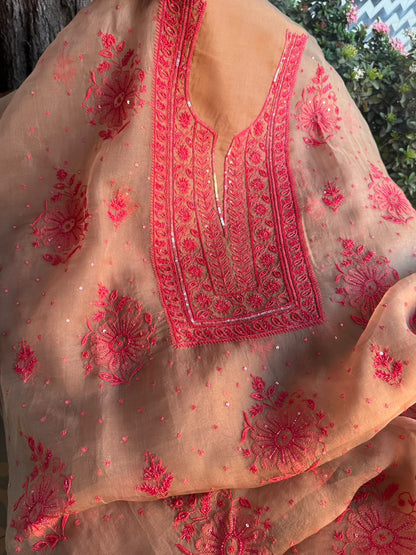 Beige & Red Noor Organza Silk Chikankari Unstitched Kurta Dupatta Set
