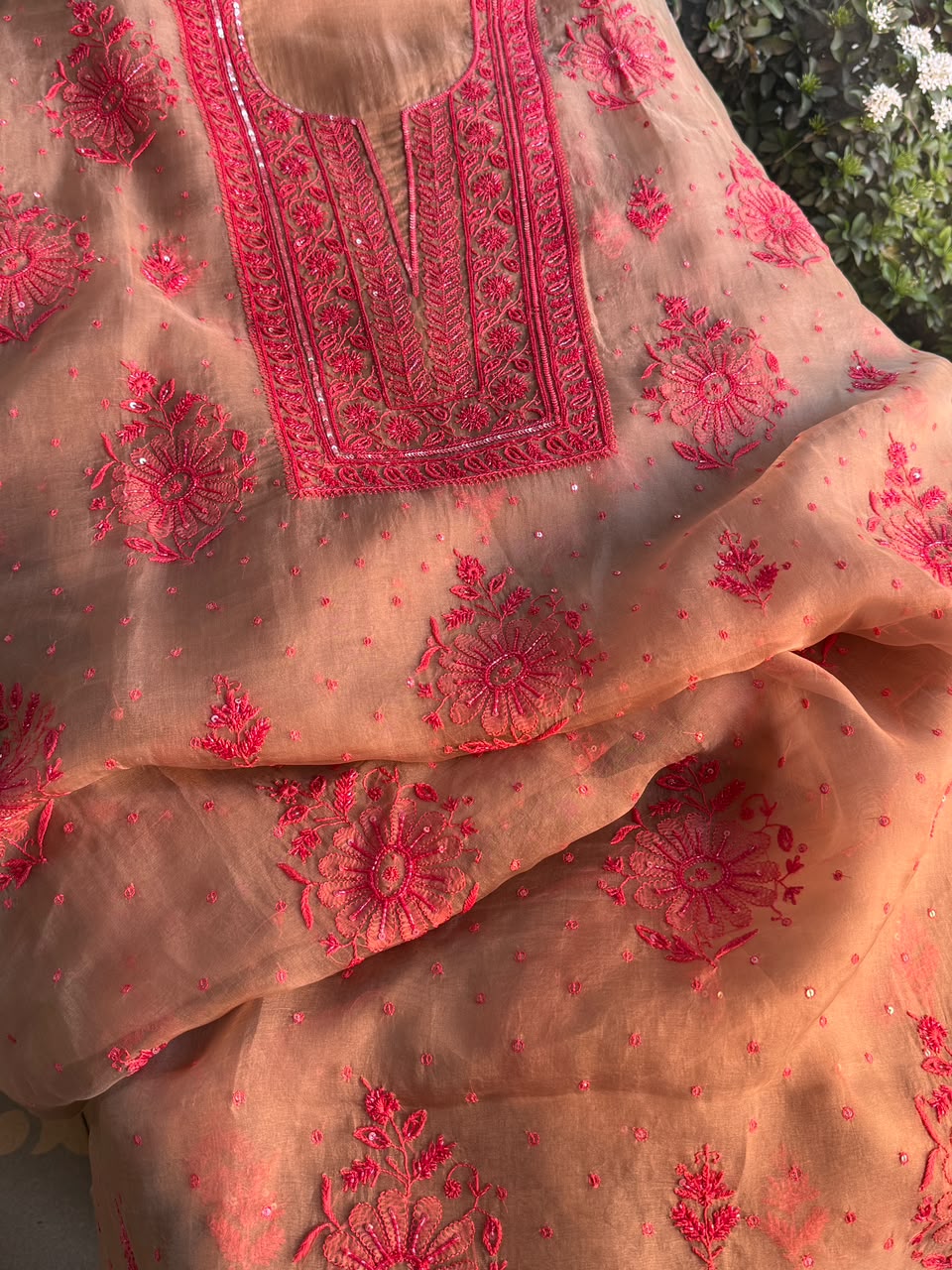 Beige & Red Noor Organza Silk Chikankari Unstitched Kurta Dupatta Set