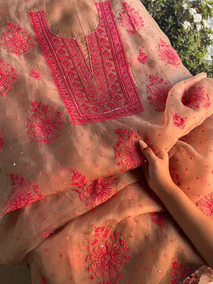 Beige & Red Noor Organza Silk Chikankari Unstitched Kurta Dupatta Set
