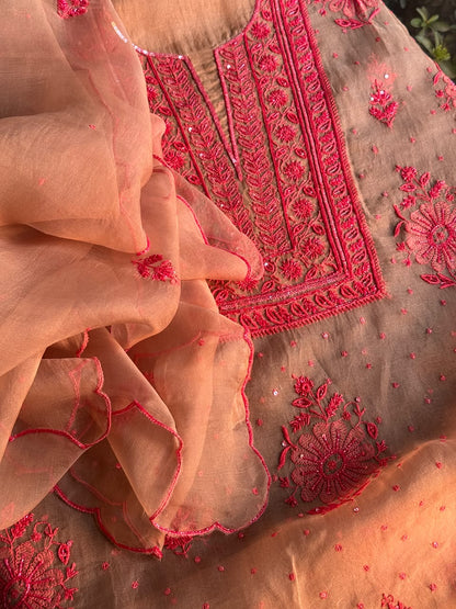 Beige & Red Noor Organza Silk Chikankari Unstitched Kurta Dupatta Set