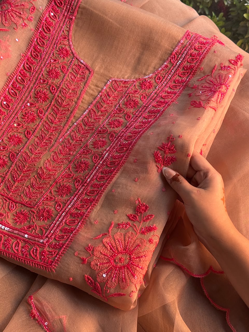 Beige & Red Noor Organza Silk Chikankari Unstitched Kurta Dupatta Set
