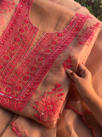 Beige & Red Noor Organza Silk Chikankari Unstitched Kurta Dupatta Set