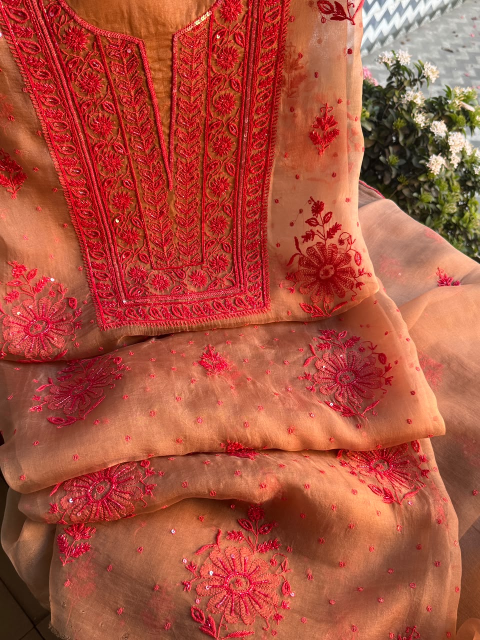 Beige & Red Noor Organza Silk Chikankari Unstitched Kurta Dupatta Set