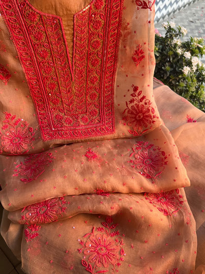 Beige & Red Noor Organza Silk Chikankari Unstitched Kurta Dupatta Set