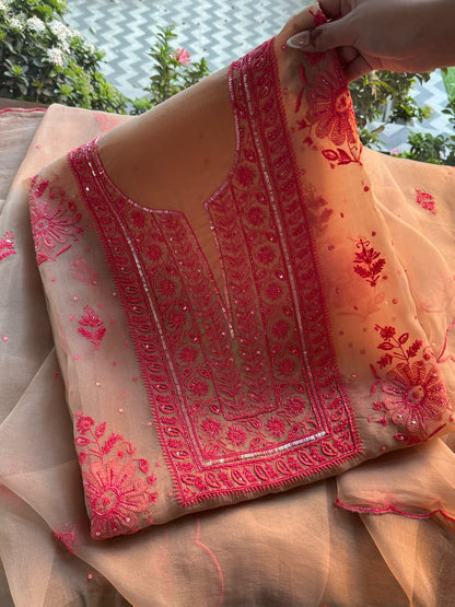 Beige & Red Noor Organza Silk Chikankari Unstitched Kurta Dupatta Set