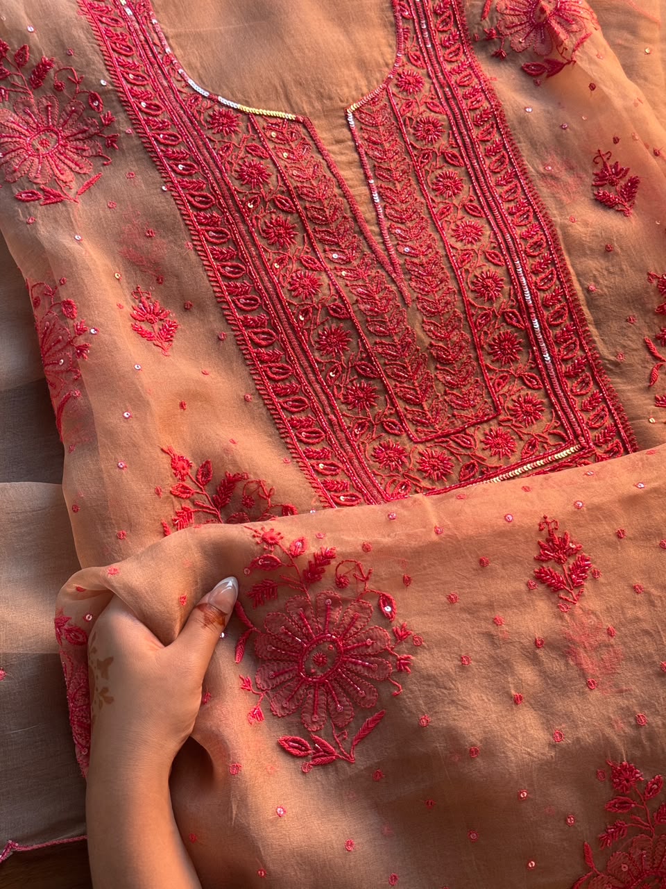 Beige & Red Noor Organza Silk Chikankari Unstitched Kurta Dupatta Set