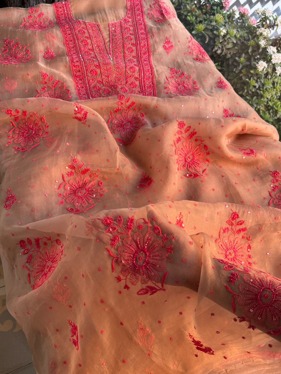 Beige & Red Noor Organza Silk Chikankari Unstitched Kurta Dupatta Set