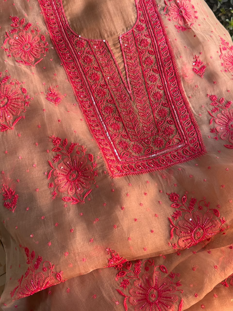 Beige & Red Noor Organza Silk Chikankari Unstitched Kurta Dupatta Set