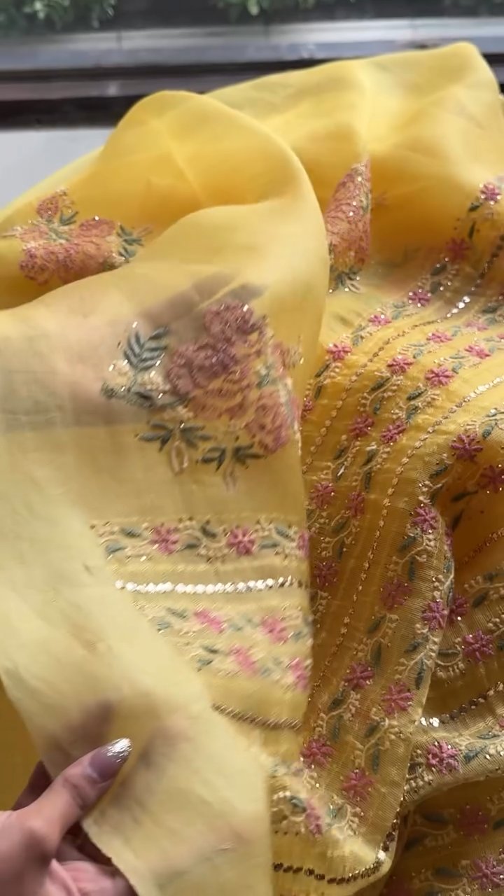 Beight Yellow Net Organza Chikankari Saree With Mukaish Kamdani