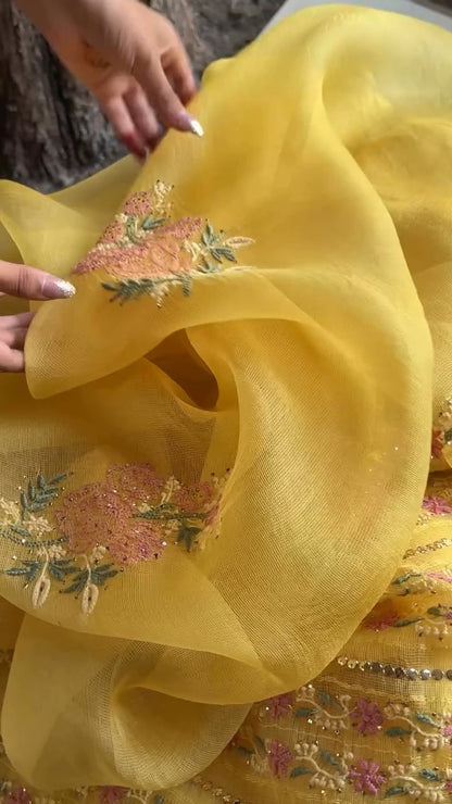 Beight Yellow Net Organza Chikankari Saree With Mukaish Kamdani