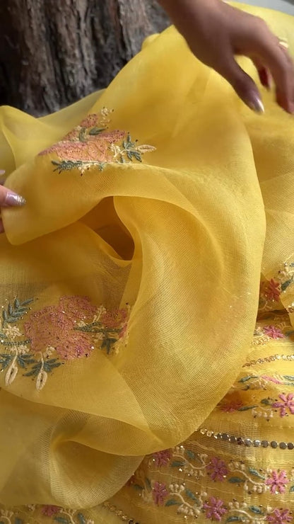Beight Yellow Net Organza Chikankari Saree With Mukaish Kamdani