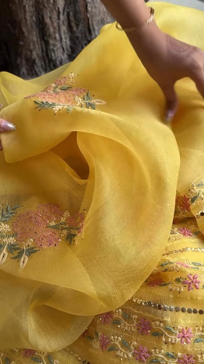 Beight Yellow Net Organza Chikankari Saree With Mukaish Kamdani
