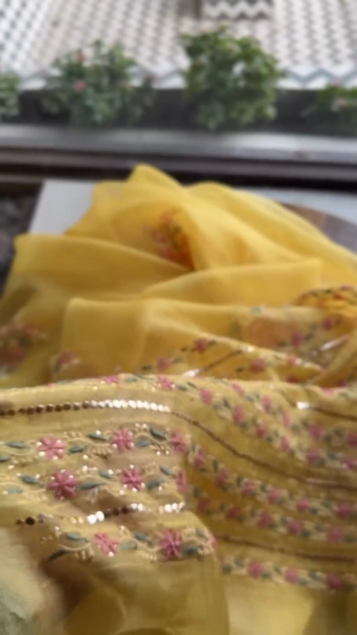 Beight Yellow Net Organza Chikankari Saree With Mukaish Kamdani