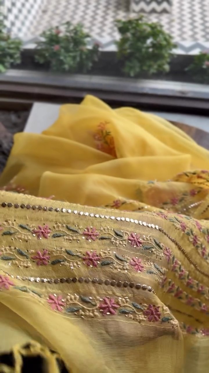 Beight Yellow Net Organza Chikankari Saree With Mukaish Kamdani