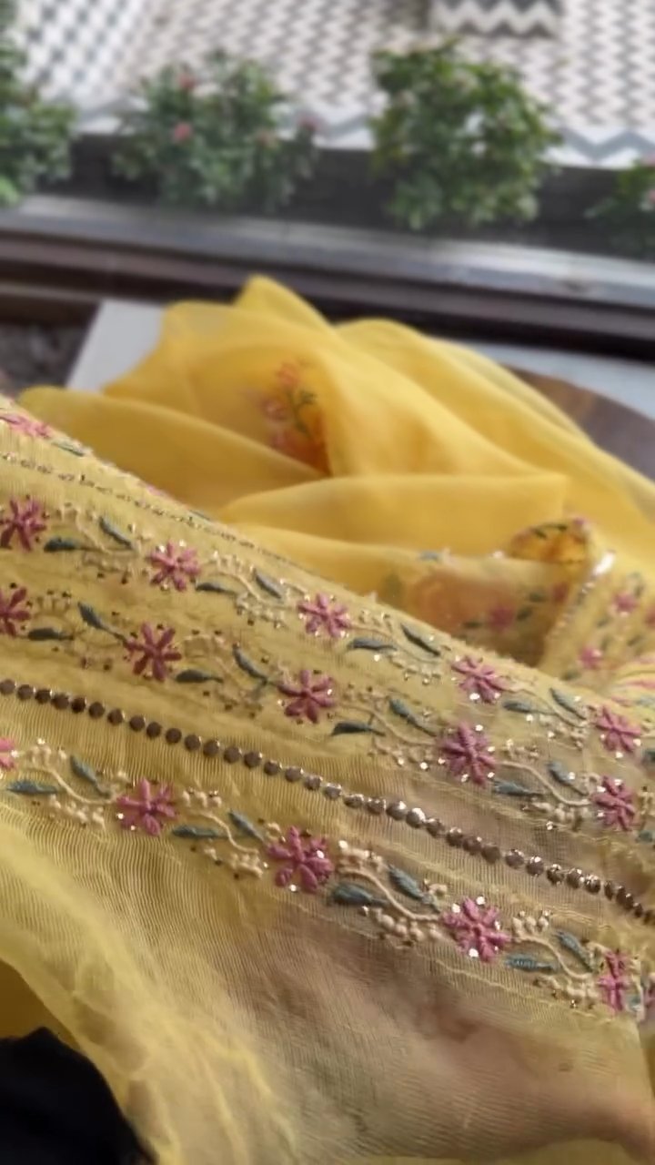 Beight Yellow Net Organza Chikankari Saree With Mukaish Kamdani