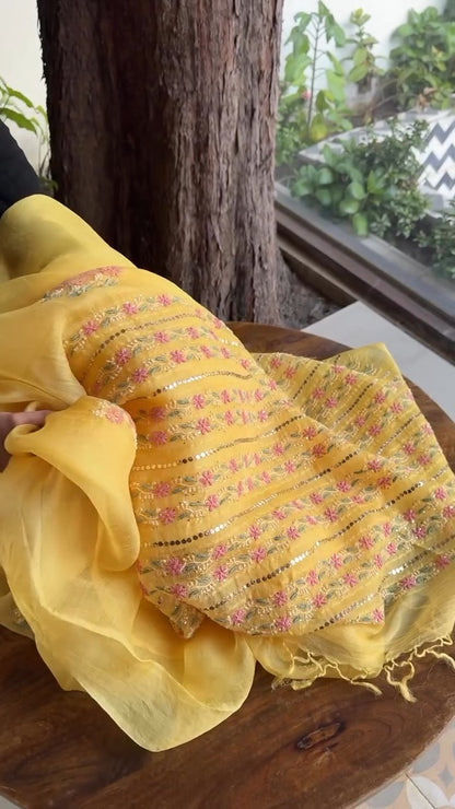 Beight Yellow Net Organza Chikankari Saree With Mukaish Kamdani
