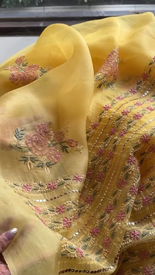 Beight Yellow Net Organza Chikankari Saree With Mukaish Kamdani
